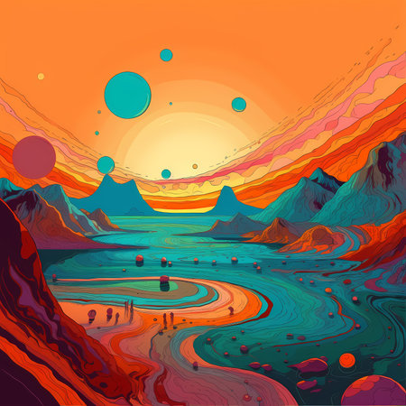 Vibrant Cosmos: A Colorful Night Sky with Planets and Sun in Whimsical Topographyのイラスト素材