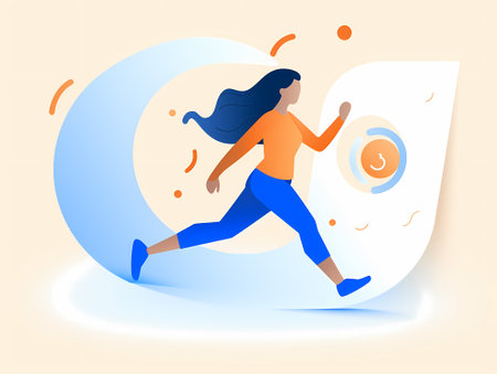 Walls of Play: A Dynamic Girl Running Around an Orange and Azure Wallのイラスト素材