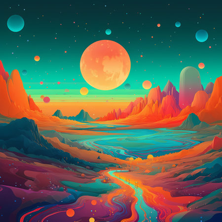 Celestial Symphony: A Whimsical Night Sky with Planets and Sun in Multicolored Landscapeのイラスト素材