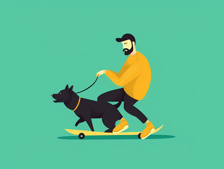 Man's Best Friend: A Playful Illustration of a Man Skateboarding with His Canine Companionのイラスト素材