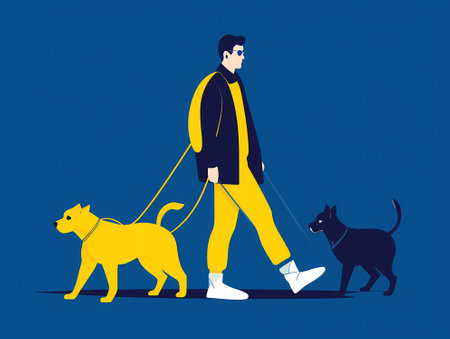 Canine Cool: A Flat Vector Illustration of a Person and their Dog in Yellow and Navy on a Blue Backgroundのイラスト素材