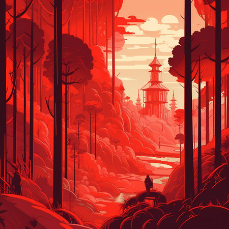 Cherry Trek: A Fluid Futuristic Landscape with a Person in a Vivid Red Fieldのイラスト素材