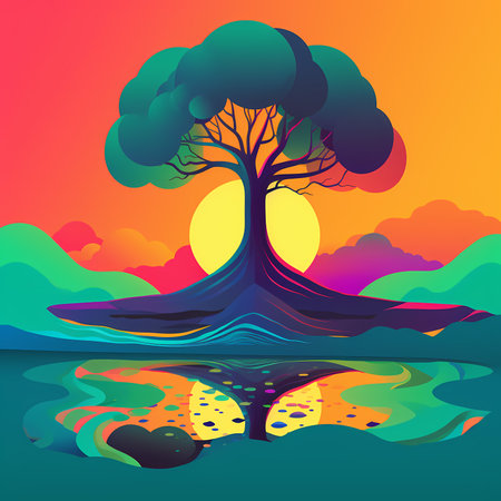 Cosmic Arboretum: An Afrofuturistic Tree Landscape in Vibrant Minimalismのイラスト素材