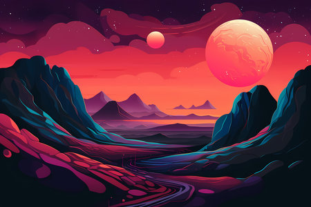 Cosmic Dreamscapes: An Abstract Illustration of a Planet in a Romantic Landscape with Flat Tonal Colors and Sketchy Linesのイラスト素材