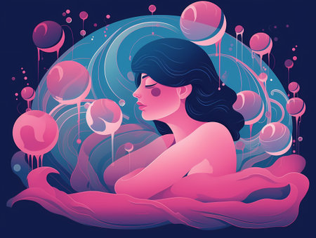 Oceanic Bubbles: A Feminine Illustration with Bold Outlines and Calming Colorsのイラスト素材