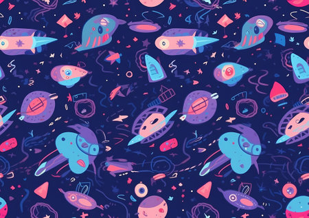 Cosmic Playtime: A Colorful Galaxy Pattern with Playful Cartoonish Illustrations