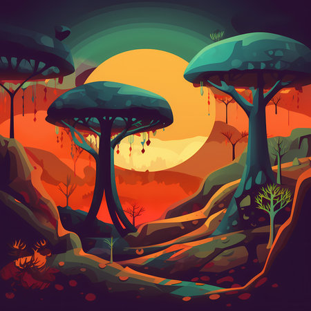 Psychedelic Forest: An Afrofuturistic Vector Drawing in Bold Colorsのイラスト素材