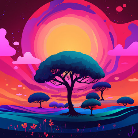 Celestial Oasis: A Minimalist Tree Landscape in a Vivid Color Paletteのイラスト素材