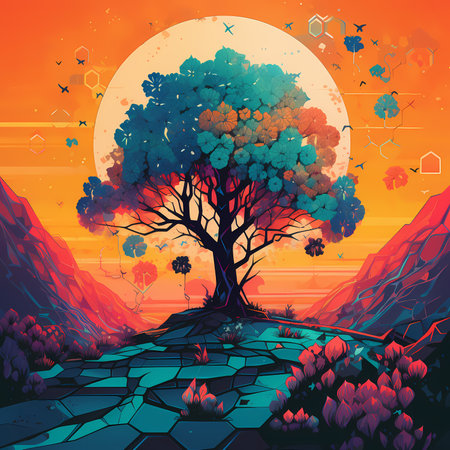 Afrofuturistic Adventure: A Colorful Landscape with Bold Chromaticity and Romantic Treesのイラスト素材