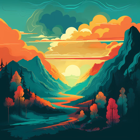 Alpine Vista: A Colorful Vintage Poster-style Mountain Landscapeのイラスト素材