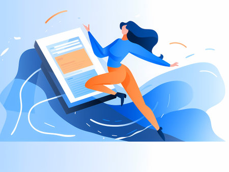 Screen Struggle: A Dynamic Illustration of a Woman Trying to Read in Orange and Azureのイラスト素材