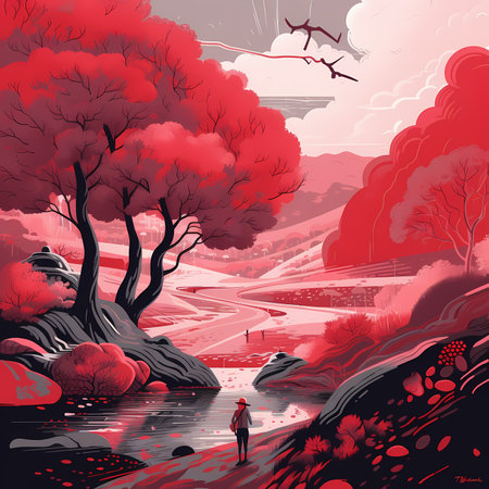 Scarlet Horizon: A Red Dotted Landscape with Detailed Foliage and Flattened Perspectiveのイラスト素材