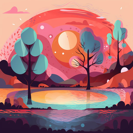 Alien Dreams: A Flat Vector Illustration of a Colorful Landscape with Treesのイラスト素材