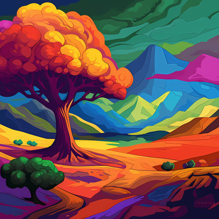 Majestic Peaks: A Bold and Colorful Poster-Style Landscape with Mountains and a Towering Treeのイラスト素材