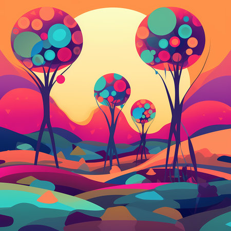 Nostalgic Afrofuturism: A Colorful Vector Illustration of an Abstract Landscape with Trees and Alien Worldsのイラスト素材