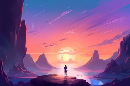 Radiant Reminiscence: A View of an Ancient Planet in Amber and Violet Linear Illustrationsのイラスト素材
