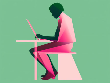 Dynamic Duo: A Minimalist Geometric Illustration of a Woman and her Computerのイラスト素材