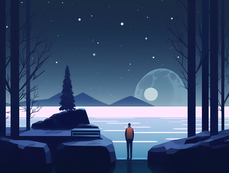Minimalist Man: A Nightscape Illustration with Simple Lines and Colorsのイラスト素材