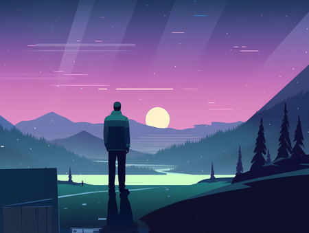 Looking Beyond: A Colorful and Minimalist Landscape with a Manのイラスト素材
