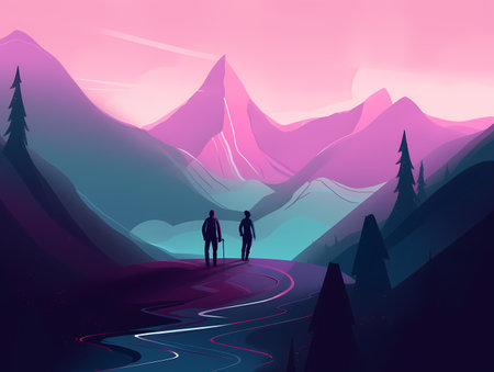 Graphic Wilderness: A Vibrant Gradient Mountain Scene with Peopleのイラスト素材