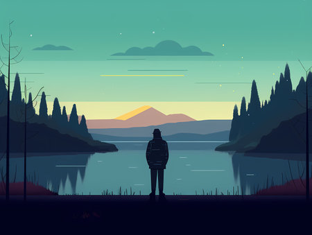 Standing Outside: A Colorful and Minimalist Landscape Illustrationのイラスト素材