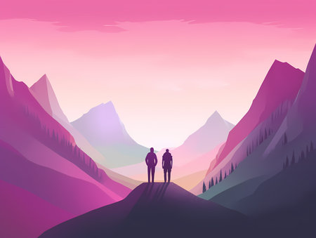 Pastel Peaks: A Colorful Mountain Landscape with Two Standing Figuresのイラスト素材