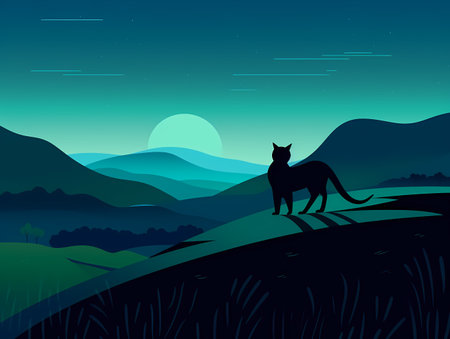 Graphic Mountain Cat: A Dark and Dutch-Inspired Illustration in Cyan and Azureのイラスト素材