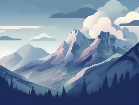 Mountain Majesty: A Realistic and Moody Digital Illustration of Cloud-Covered Peaksのイラスト素材