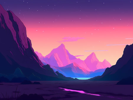 Nighttime Wanderlust: A Colorful Anime-Inspired Landscape with Dutch Landscape Vibesのイラスト素材