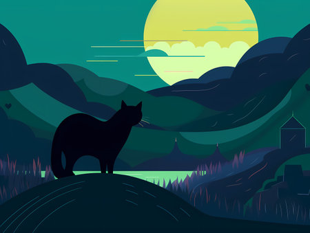 Cat in the Mountains: A Bold Graphic Design-Inspired Illustration with Dark Blues and Lush Greensのイラスト素材