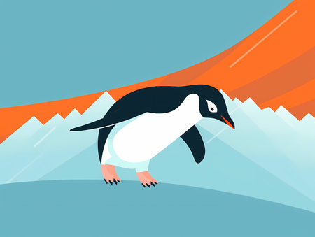 Ice Glide: A Flat Design Penguin Soaring Down the Slopeのイラスト素材