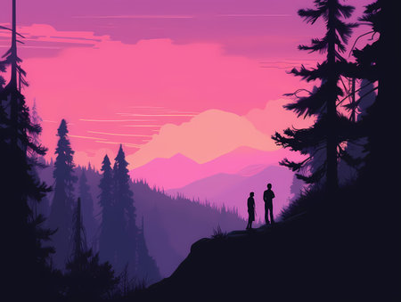 Purple Haze: Dark Azure Silhouettes in High Tonal Range with Beautiful Landscapeのイラスト素材