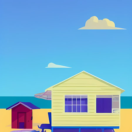 Beach House Bliss: Colorful Abstract Seascape and Vacation Homeのイラスト素材