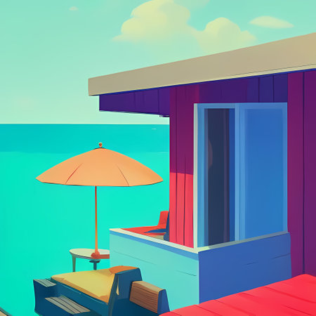 Tropical Paradise: Colorful Beach House and Abstract Seascapeのイラスト素材