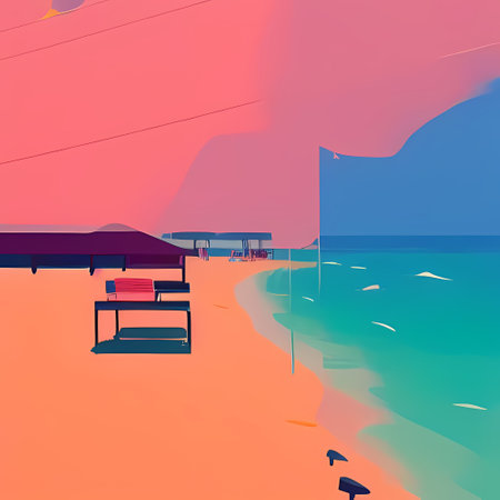 Tropical Getaway: Colorful Beach House and Abstract Ocean Sceneryのイラスト素材