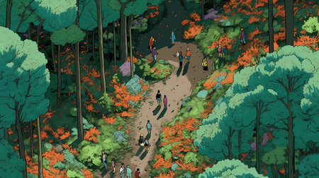 A Serene Stroll: Children's Book Illustration of a Forest Adventure in Southern Countryside