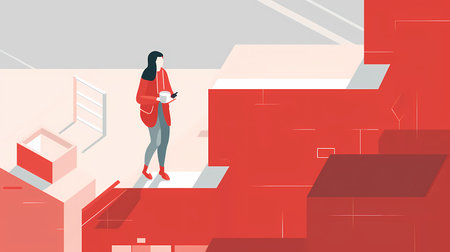 Coffee Break: A Red-Hued Flat Illustration of a Pensive Woman Walking on a Rooftopのイラスト素材