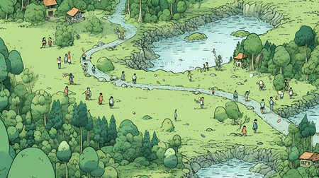Journey through the Forest: Aerial View of People Walking by a Lake and Mountainsのイラスト素材