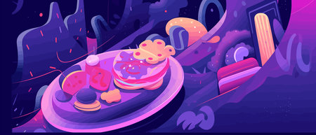 Busy Bites: Flat Shapes and Busy Landscapes in a Cartoon of Foodのイラスト素材