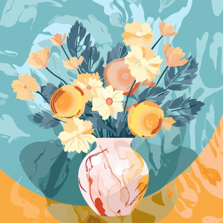 Golden Glow: Yellow Flowers in a Vase Against a Blue Marbleized Backgroundのイラスト素材