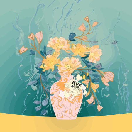 Tropical Hues: Yellow Flowers in a Blue Vase in a Graphic Illustrationのイラスト素材