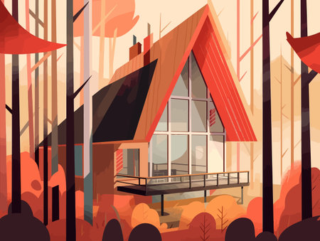 Timber Haven: A Hazy and Bold Forest House Illustration with Graphic Design Influencesのイラスト素材