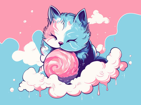 Feline Float: A Dreamy Cartoon Cat Amongst Cotton Candy Cloudsのイラスト素材
