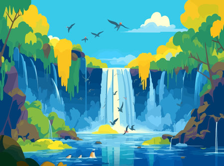 The Beauty of Nature: A Cartoon Waterfall Painting with Birds in Azure and Yellowのイラスト素材