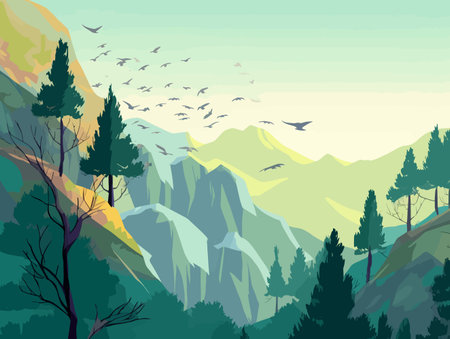 Serenity in Nature: A Clean Lines Fantasy Illustration of a Mountain Landscapeのイラスト素材