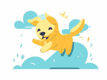 Fetching Fun: A Cartoon Illustration of a Yellow Retriever in Superflat Styleのイラスト素材