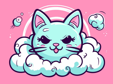 Kawaii Cloud Cat: A Playful Manga-inspired Feline with a Retro Twistのイラスト素材