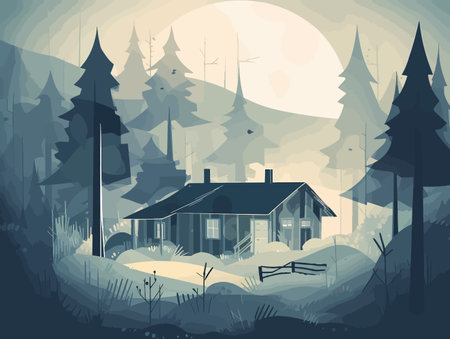 Charming Retreat: A Smokey Cottage Illustration with Crisp Angles and Clean Backgroundsのイラスト素材