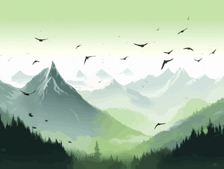 Mountain Majesty: A Panoramic 2D Game Art Illustration of Majestic Mountains and Soaring Birdsのイラスト素材