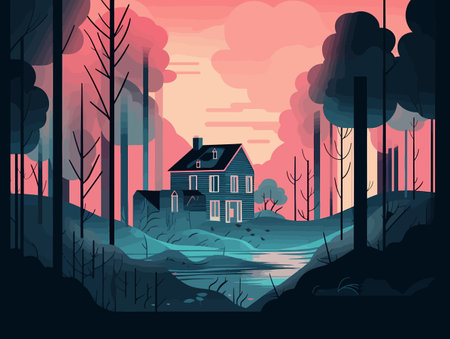 Mystic Abode: An Energy-Filled Forest House Illustration in Bold Angular Style with Light Pink and Dark Cyan Accentsのイラスト素材